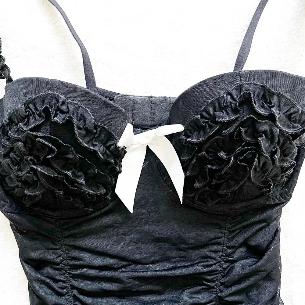VICTORIA’S SECRET Black Sexy Little Things 36B Ruffles Lingerie w/ Garter - Picture 3 of 8